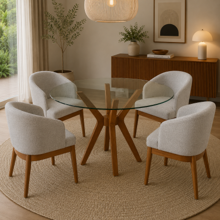 Juego de Comedor Redondo de Vidrio Biselado 100 cm con 4 Sillas de Madera