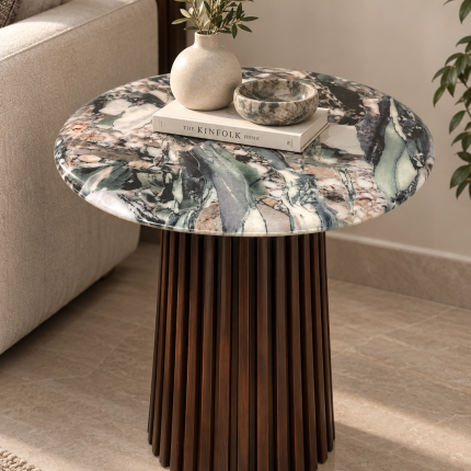 Mesa Auxiliar de Mármol Roccia di Bosco 60 cm con Base de Madera Tornillo Nogal
